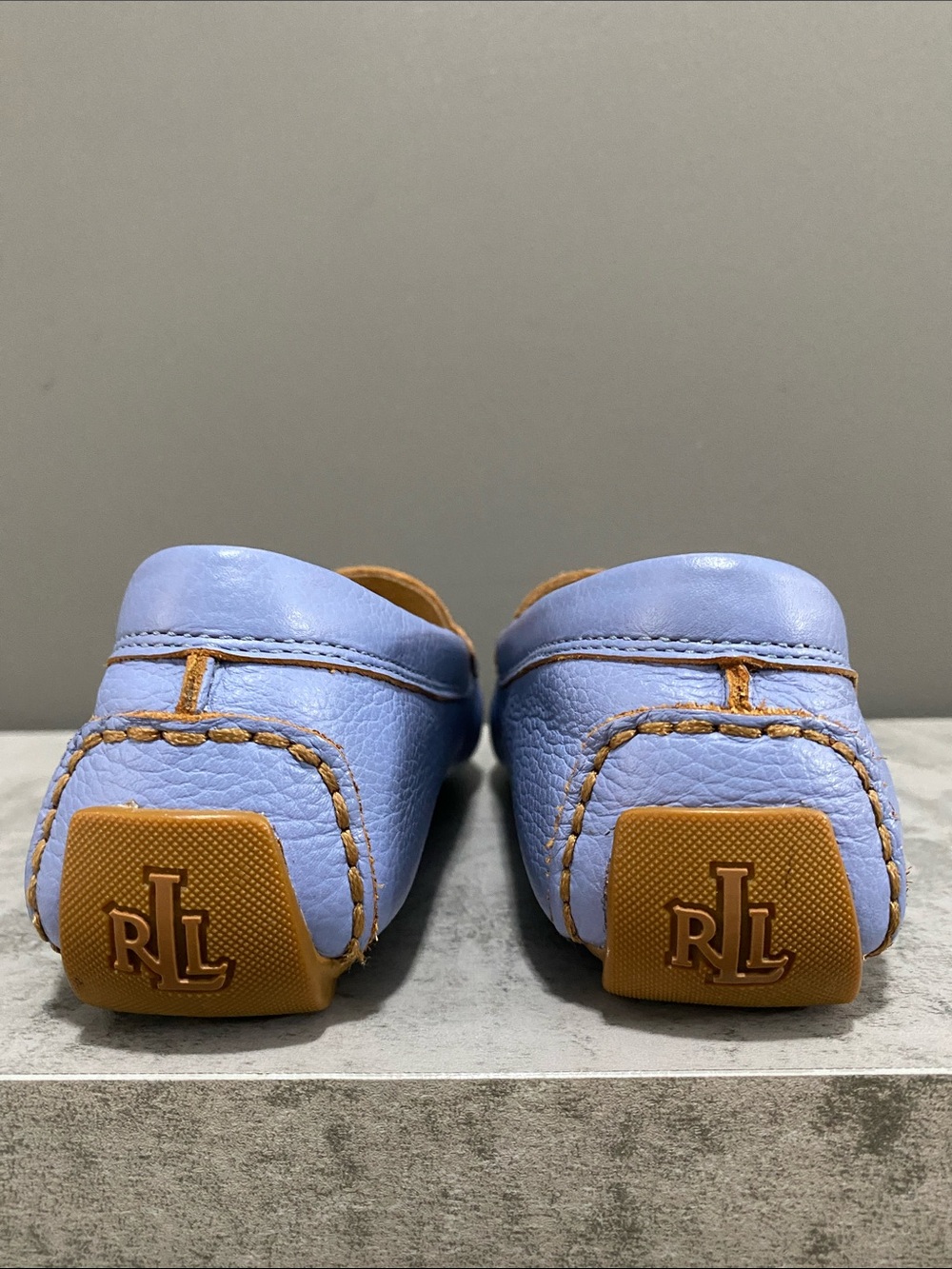 Ralph Lauren Carley Liight Blue Pebbled Leather Loafers with Gold RL Medallion - Picture 9 of 14